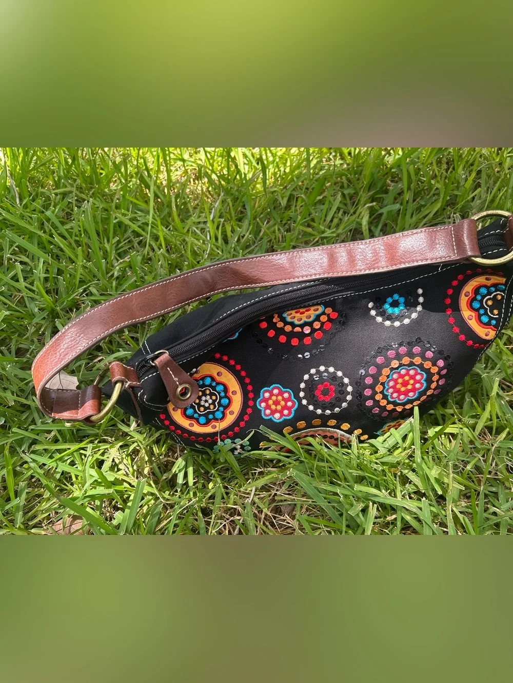 Relic Black Shoulder Bag with Multicolor Embroidered Medallions